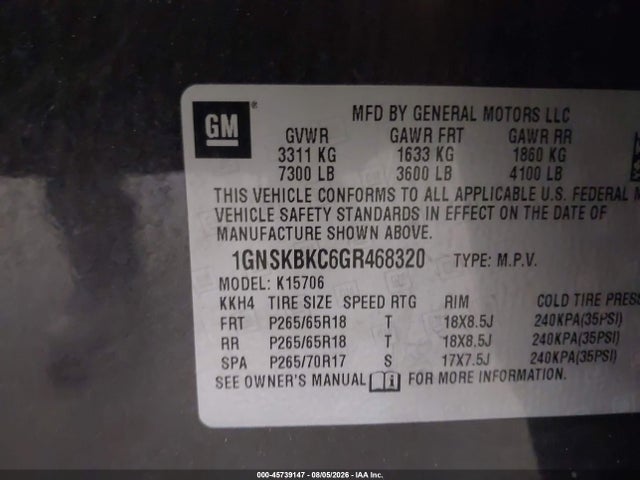 2016 Chevrolet Tahoe Lt მანქანა იყიდება აუქციონზე, vin: 1GNSKBKC6GR468320, აუქციონის ნომერი: 45739147