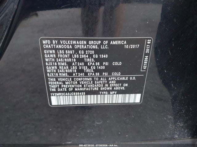 Aukcja sprzedaży 2018 Volkswagen Atlas 3.6l V6 Sel, vin: 1V2MR2CA0JC535433, numer aukcji: 45739150