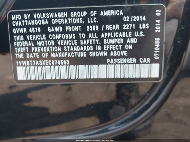 2014 Volkswagen Passat 1.8t Se მანქანა იყიდება აუქციონზე, vin: 1VWBT7A3XEC074563, აუქციონის ნომერი: 45739155