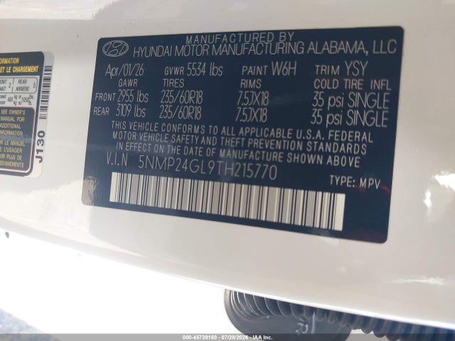 45739160 :رقم المزاد ، 5NMP24GL9TH215770 vin ، 2026 Hyundai Santa Fe Sel مزاد بيع