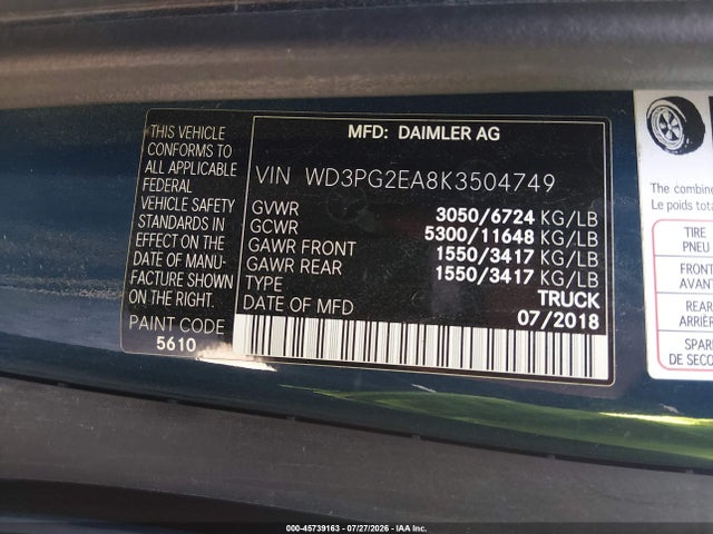 Продаж на аукціоні авто 2019 Mercedes-benz Metris, vin: WD3PG2EA8K3504749, номер лоту: 45739163