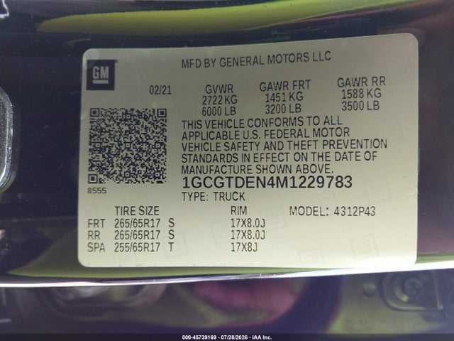 2021 Chevrolet Colorado 4wd  Short Box Z71 მანქანა იყიდება აუქციონზე, vin: 1GCGTDEN4M1229783, აუქციონის ნომერი: 45739169