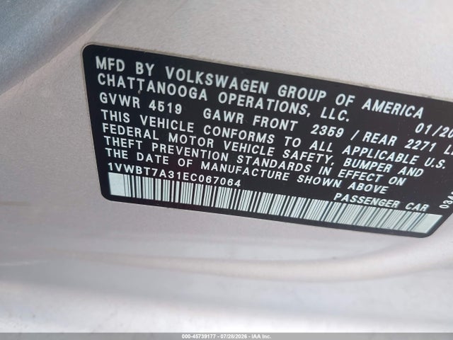 45739177 :رقم المزاد ، 1VWBT7A31EC067064 vin ، 2014 Volkswagen Passat 1.8t Se مزاد بيع
