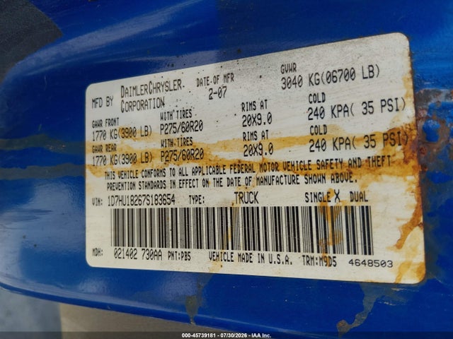 45739181 :رقم المزاد ، 1D7HU18267S183654 vin ، 2007 Dodge Ram 1500 St/slt مزاد بيع