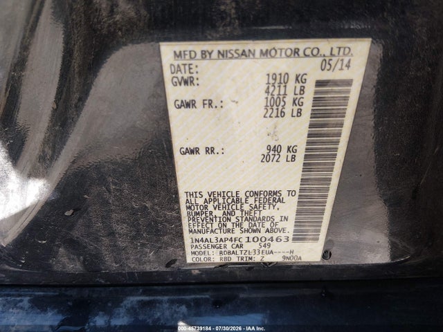 Nissan Altima 2.5 Sl 2015 1N4AL3AP4FC100463 Image 9