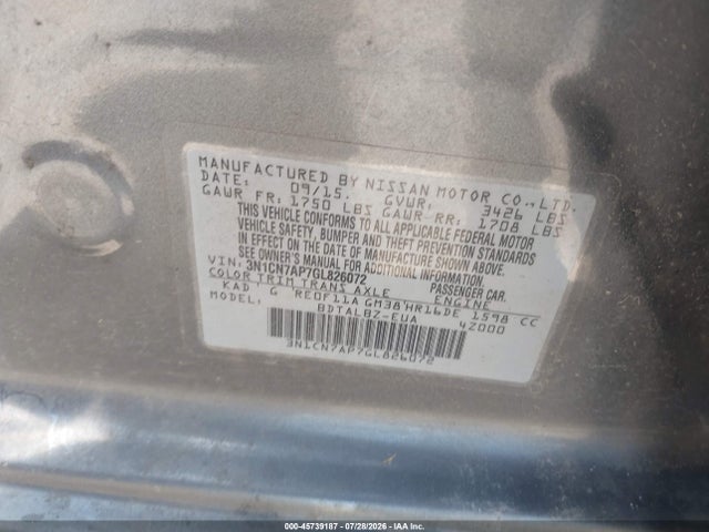 Aukcja sprzedaży 2016 Nissan Versa 1.6 Sv, vin: 3N1CN7AP7GL826072, numer aukcji: 45739187