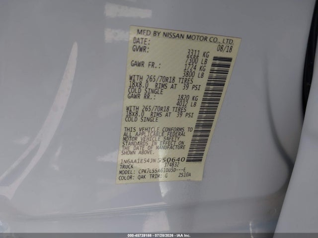 Продаж на аукціоні авто 2018 Nissan Titan Sv, vin: 1N6AA1E54JN550640, номер лоту: 45739188