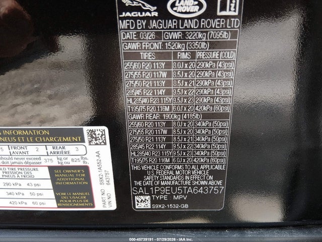 45739191 :رقم المزاد ، SAL1P9EU5TA643757 vin ، 2026 Land Rover Range Rover Sport P360 Se مزاد بيع