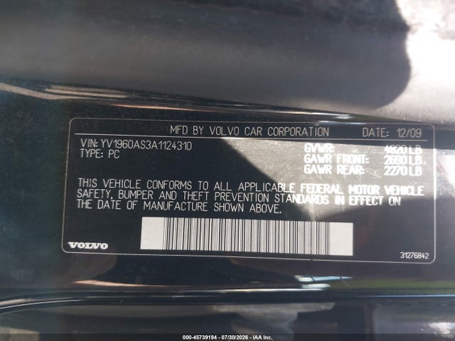 Aukcja sprzedaży 2010 Volvo S80 3.2, vin: YV1960AS3A1124310, numer aukcji: 45739194