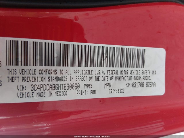 Aukcja sprzedaży 2017 Dodge Journey Se, vin: 3C4PDCAB6HT630060, numer aukcji: 45739204