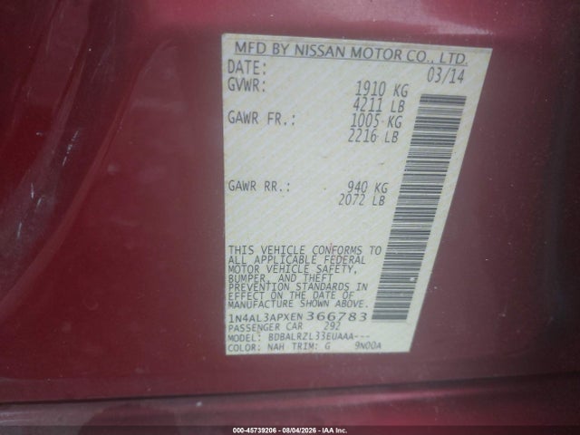 Продажа на аукционе авто 2014 Nissan Altima 2.5 S, vin: 1N4AL3APXEN366783, номер лота: 45739206