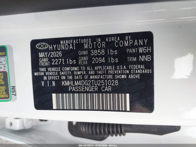 45739213 :رقم المزاد ، KMHLM4DG2TU251028 vin ، 2026 Hyundai Elantra Sel Sport مزاد بيع