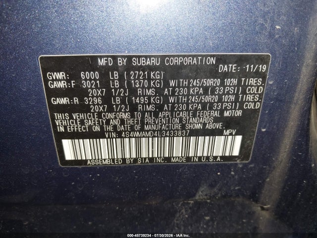 2020 Subaru Ascent Limited მანქანა იყიდება აუქციონზე, vin: 4S4WMAMD4L3433837, აუქციონის ნომერი: 45739234