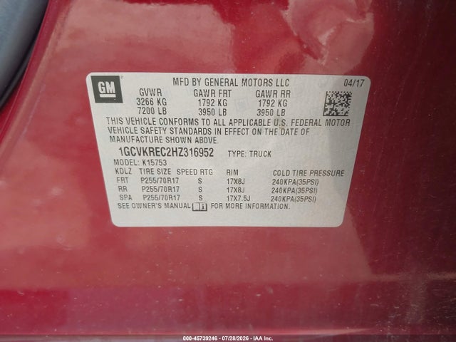 Продажа на аукционе авто 2017 Chevrolet Silverado 1500 Lt, vin: 1GCVKREC2HZ316952, номер лота: 45739246