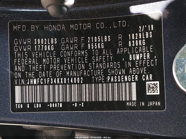 Honda CIVIC EX 2019 JHMFC1F34KX014002 Image 9