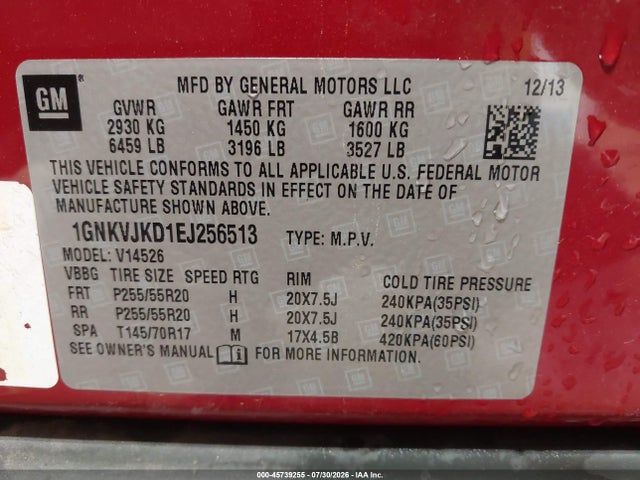 Chevrolet Traverse Ltz 2014 1GNKVJKD1EJ256513 Image 9