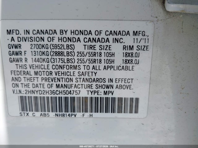 Aukcja sprzedaży 2012 Acura Mdx Technology Package, vin: 2HNYD2H36CH504757, numer aukcji: 45739271