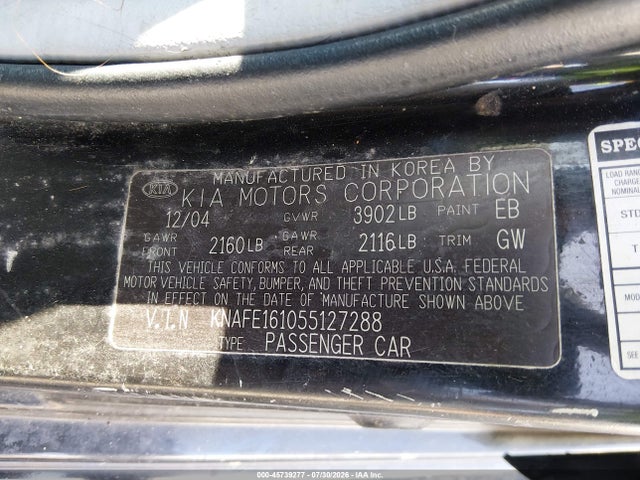 45739277 :رقم المزاد ، KNAFE161055127288 vin ، 2005 Kia Spectra5 مزاد بيع