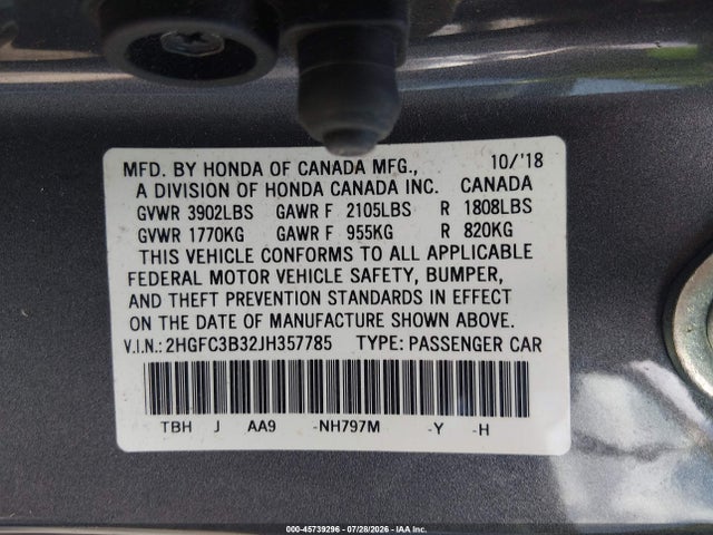 Продаж на аукціоні авто 2018 Honda Civic Ex-t, vin: 2HGFC3B32JH357785, номер лоту: 45739296