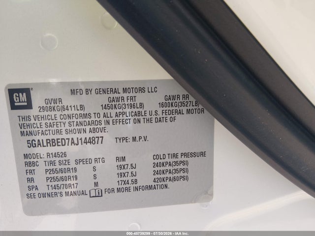 Aukcja sprzedaży 2010 Buick Enclave 1xl, vin: 5GALRBED7AJ144877, numer aukcji: 45739299