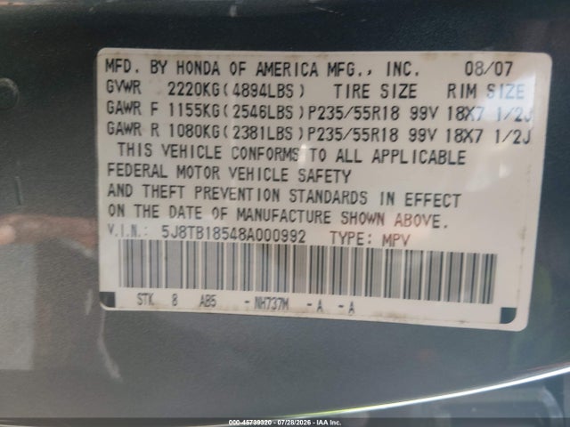 Aukcja sprzedaży 2008 Acura Rdx, vin: 5J8TB18548A000992, numer aukcji: 45739320