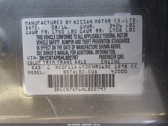 Продажа на аукционе авто 2017 Nissan Versa 1.6 Sv, vin: 3N1CN7AP6HL802797, номер лота: 45739358