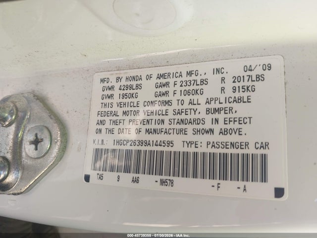 Aukcja sprzedaży 2009 Honda Accord 2.4 Lx, vin: 1HGCP26399A144595, numer aukcji: 45739355