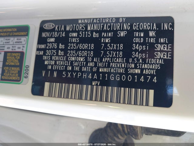 5XYPH4A11GG001474 KIA Sorento 2.0t Ex