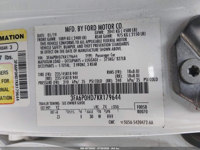 2019 Ford Fusion Se მანქანა იყიდება აუქციონზე, vin: 3FA6P0HD7KR179644, აუქციონის ნომერი: 45739383