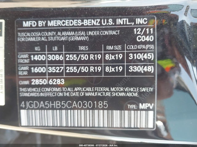 45739386 :رقم المزاد ، 4JGDA5HB5CA030185 vin ، 2012 Mercedes-benz Ml 350 4matic مزاد بيع