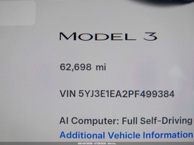 Продажа на аукционе авто 2023 Tesla Model 3 Rear-wheel Drive, vin: 5YJ3E1EA2PF499384, номер лота: 45739389