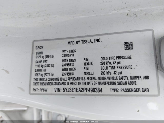Продажа на аукционе авто 2023 Tesla Model 3 Rear-wheel Drive, vin: 5YJ3E1EA2PF499384, номер лота: 45739389