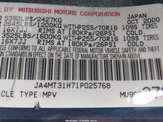 Aukcja sprzedaży 2001 Mitsubishi Montero Sport Xls, vin: JA4MT31H71P025768, numer aukcji: 45739423