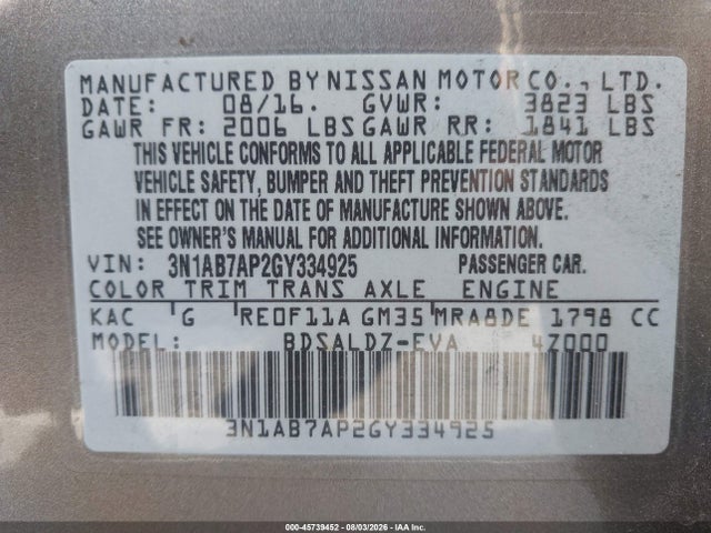 3N1AB7AP2GY334925 Nissan SENTRA SV