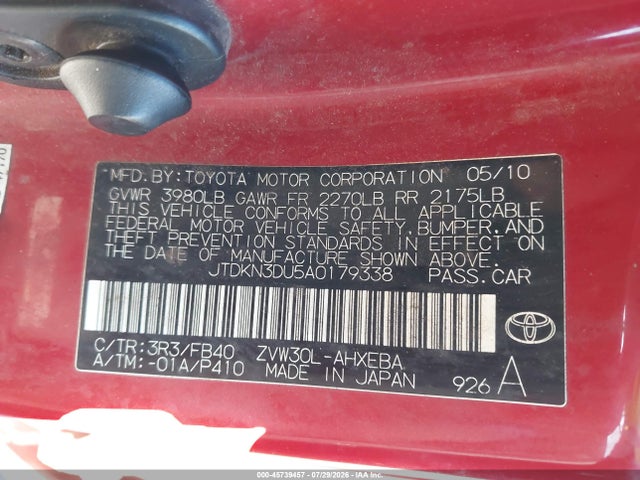 45739457 :رقم المزاد ، JTDKN3DU5A0179338 vin ، 2010 Toyota Prius Iii مزاد بيع