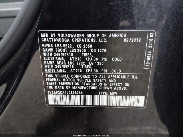 2018 Volkswagen Atlas 2.0t S მანქანა იყიდება აუქციონზე, vin: 1V2AP2CA1JC598288, აუქციონის ნომერი: 45739472