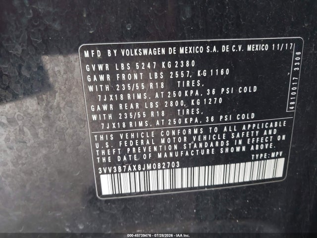 45739476 :رقم المزاد ، 3VV3B7AX8JM082703 vin ، 2018 Volkswagen Tiguan 2.0t Se/2.0t Sel مزاد بيع