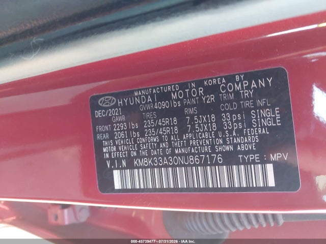 2022 Hyundai Kona N Line მანქანა იყიდება აუქციონზე, vin: KM8K33A30NU867176, აუქციონის ნომერი: 45739477