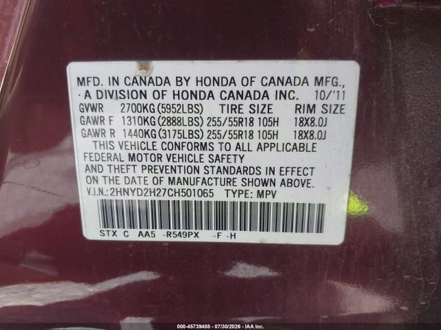 45739488 :رقم المزاد ، 2HNYD2H27CH501065 vin ، 2012 Acura Mdx مزاد بيع