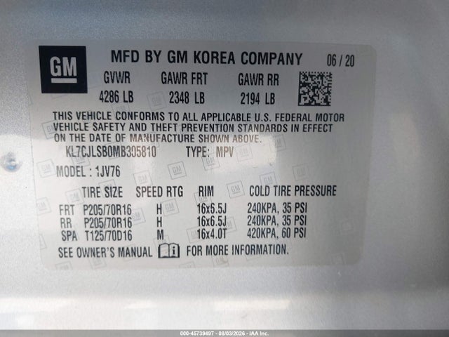 45739497 :رقم المزاد ، KL7CJLSB0MB305810 vin ، 2021 Chevrolet Trax Fwd Lt مزاد بيع