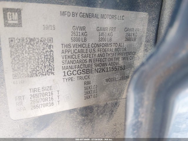 Продаж на аукціоні авто 2019 Chevrolet Colorado Wt, vin: 1GCGSBEN2K1155753, номер лоту: 45739499