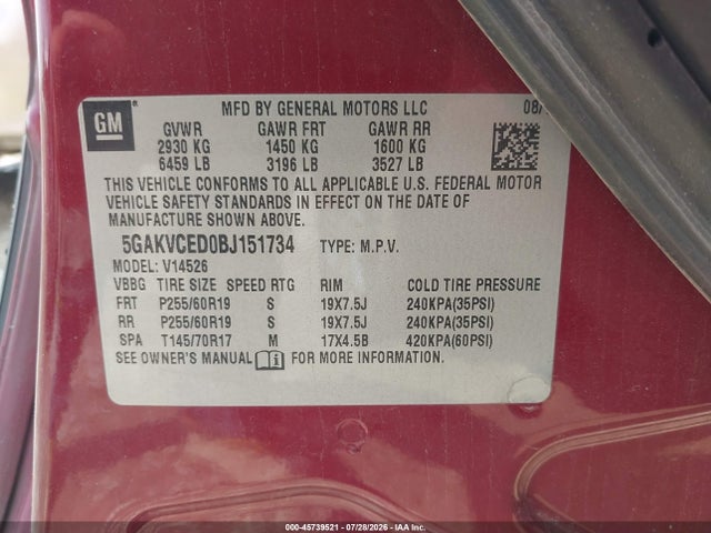 45739521 :رقم المزاد ، 5GAKVCED0BJ151734 vin ، 2011 Buick Enclave 2xl مزاد بيع
