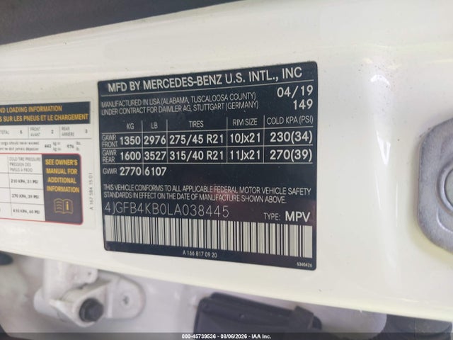 45739536 :رقم المزاد ، 4JGFB4KB0LA038445 vin ، 2020 Mercedes-benz Gle 350 4matic مزاد بيع