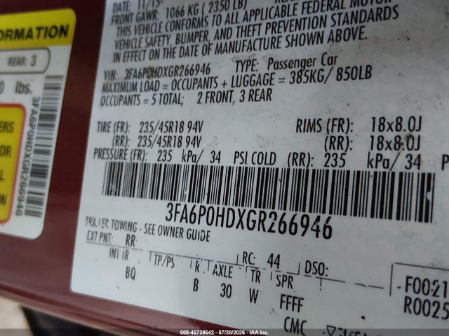 Ford FUSION SE 2016 3FA6P0HDXGR266946 Image 9