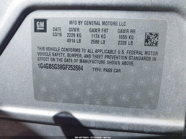 Продаж на аукціоні авто 2016 Buick Lacrosse Leather, vin: 1G4GB5G38GF252684, номер лоту: 45739543