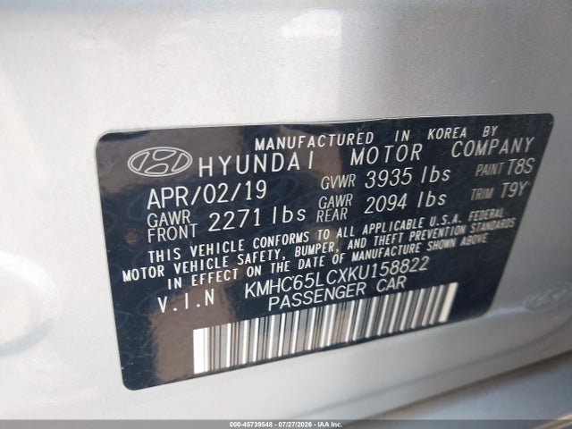 Aukcja sprzedaży 2019 Hyundai Ioniq Hybrid Blue, vin: KMHC65LCXKU158822, numer aukcji: 45739548