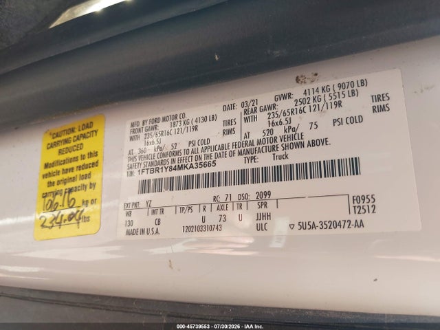 Auction sale of the 2021 Ford Transit-250, vin: 1FTBR1Y84MKA35665, lot number: 45739553