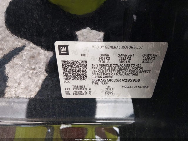 Продаж на аукціоні авто 2019 Gmc Yukon Xl Slt, vin: 1GKS2GKJ3KR193958, номер лоту: 45739566