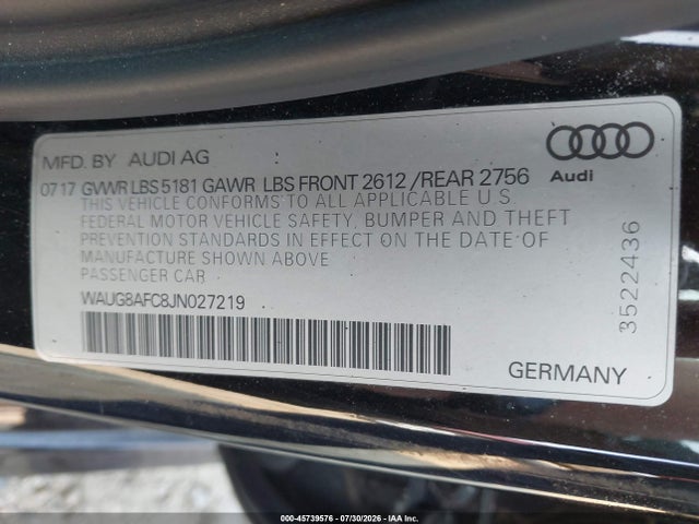 2018 Audi A6 2.0t Premium Plus მანქანა იყიდება აუქციონზე, vin: WAUG8AFC8JN027219, აუქციონის ნომერი: 45739576