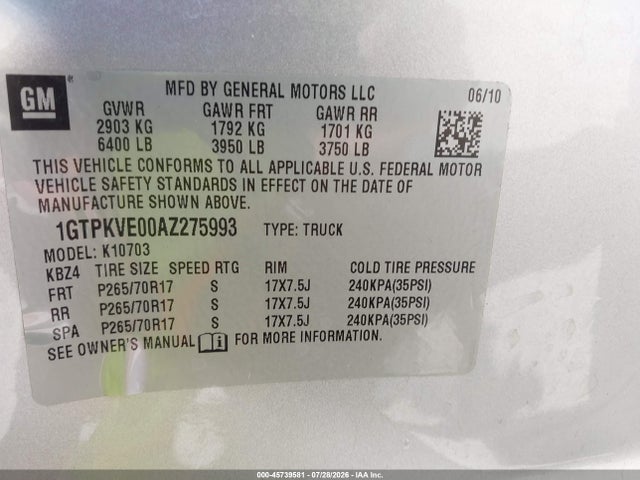 45739581 :رقم المزاد ، 1GTPKVE00AZ275993 vin ، 2010 Gmc Sierra 1500 Sle مزاد بيع